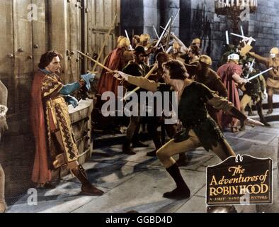 ROBIN HOOD, KÖNIG DER VAGABUNDEN The Adventures of Robin Hood USA 1938 Michael Curtiz, W.Keighley Robin Hood (ERROL FLYNN, rechts) im Kampf mit Sir Guy (BASIL RATHBONE). Regie: Michael Curtiz, W.Keighley aka. The Adventures of Robin Hood Stock Photo