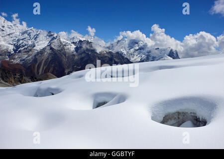 Crevice field in snow on route to Mera peak high camp - Mera La Stock Photo