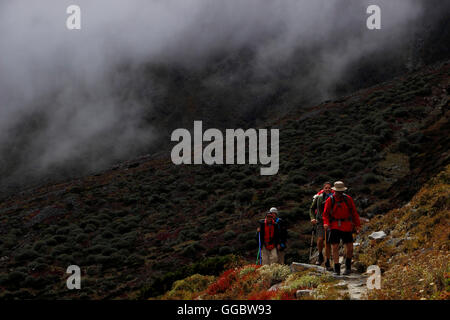 Climbers and sherpa On route to Tangnag - Hinku valley Stock Photo