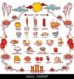 Vector Illustration of Chinese Ghost Festival Offerings.Traditional Chinese known as Hungry Ghost Festival. Stock Vector