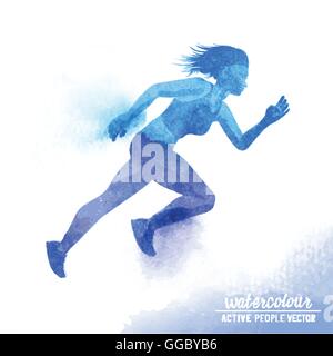 A young active woman running - Watercolour vector illustration. Stock Vector