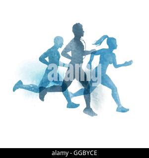 A team of active runners. Watercolour vector illustration. Stock Vector