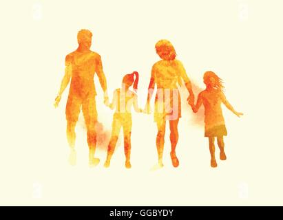 A young happy family walking together. Watercolour vector illustration. Stock Vector