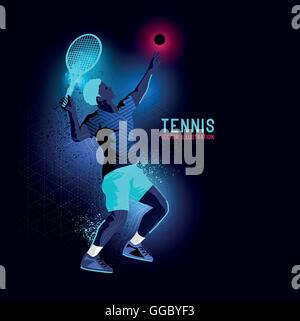 Neon glowing backlit silhouette of professional tennis player about to serve - vector illustration Stock Vector