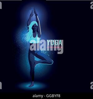 Neon glowing backlit silhouette of a young lady in a yoga position exercising - vector illustration Stock Vector