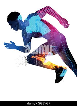 Double exposure effect vector illustration of a running sports man with texture effects. Stock Vector