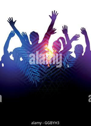 Double Exposure effect vector illustration of a huge crowd of young people dancing at a festival. Stock Vector