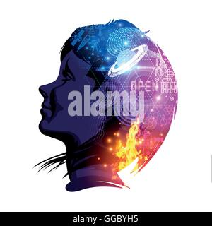 A woman smiling with science and education on her mind. Creative double exposure vector illustration. Stock Vector