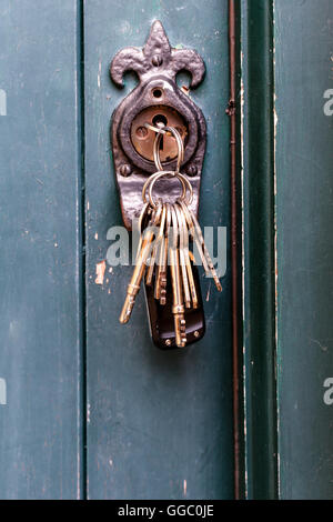 Bunch of keys in lock on old door. Fleur de lis symbol. Ireland Stock Photo