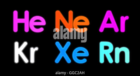 He, Xe, Ne, Ar, Kr, Rn element symbol isolated on black background Stock Photo