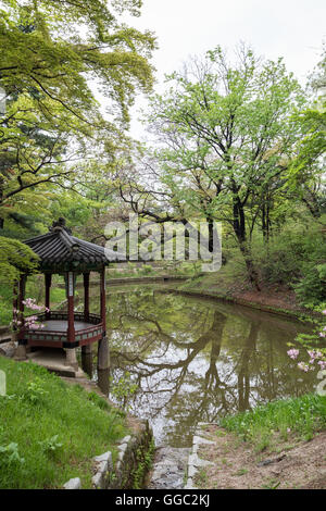Scenic view of a pond, lush nature and a pavilion at Huwon (Secret Garden) at the Changdeokgung Palace in Seoul, South Korea.