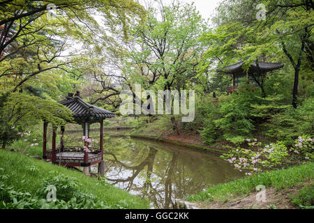 Scenic view of a pond, lush nature and two pavilions at Huwon (Secret Garden) at the Changdeokgung Palace in Seoul, South Korea.