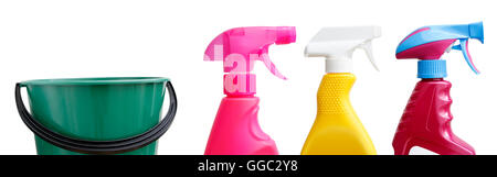 Three spray bottles and bucket Stock Photo