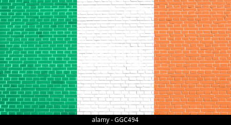 Flag of Ireland on brick wall texture background. Irish national flag. Stock Photo