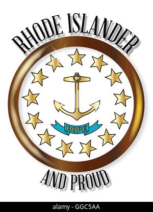 Rhode Island state flag button with a gold metal circular border over a white background with the text Rhode Islander and Proud Stock Vector