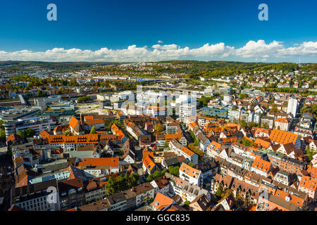 geography / travel, Germany, Baden-Wuerttemberg, Ulm, view from the Ulm Cathedral towards the western inner city, central station, theatre / theater, Ludwig Erhard  Bridge, behind it IKEA and Eselsberg, Additional-Rights-Clearance-Info-Not-Available Stock Photo