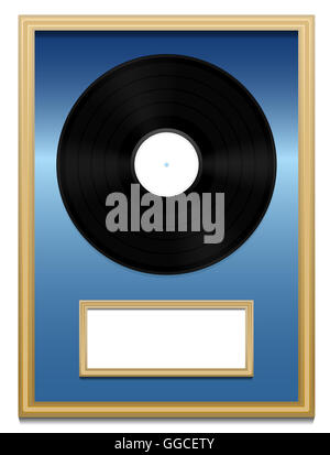 Vinyl record - Music award with unlabeled plaque in a golden frame on blue ground. Stock Photo