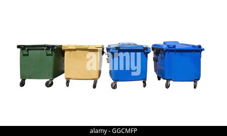 Garbage green yellow blue assorted boxes in Mallorca, Balearic islands, Spain isolated on white. Stock Photo