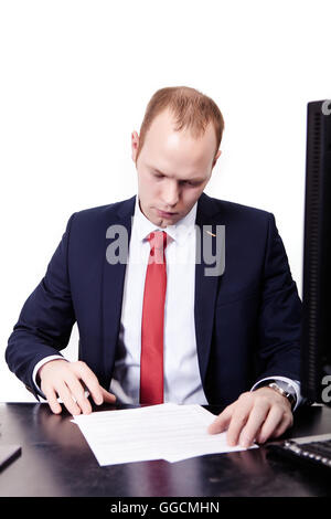 Close-up of male hand making notes in office. isolated on white Stock Photo