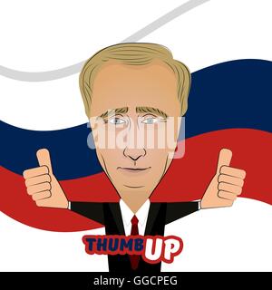 August 4, 2016: Russian President Vladimir Putin, positive animated cartoon. Portrait on the background of Russian flag hand thumb up. Stock Vector