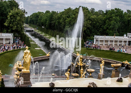 Looking toward the Baltic Sea with the Grand Cascade at the Peterhof Palace and Gardens in the foreground. Stock Photo