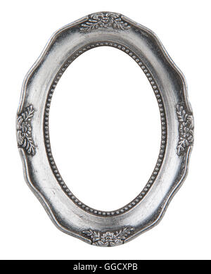 round ornamented old silver picture frame isolated on white  Stock Photo