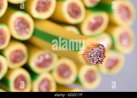 Group of yellow and green earth cables and selective focus on one closeup Stock Photo