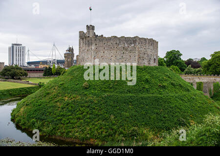 Watchtower with a flag in Cardiff Castle in Cardiff in Wales of the United Kingdom. Cardiff is the capital of Wales. Stock Photo