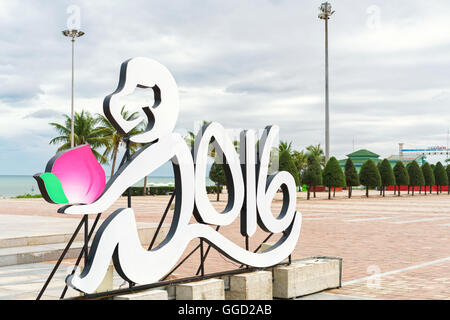 Danang, Vietnam - February 20, 2016: 2016 Sculpture at the China Beach in Danang in Vietnam. It is also called Non Nuoc Beach. South China Sea on the background. Stock Photo