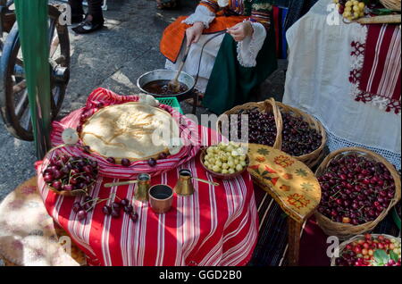Feast of cherry fruit in the Kyustendil, presentment out their production raw fruit, tart, grape and jam, Bulgaria