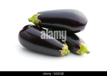 three fresh eggplants isolated on white background Stock Photo