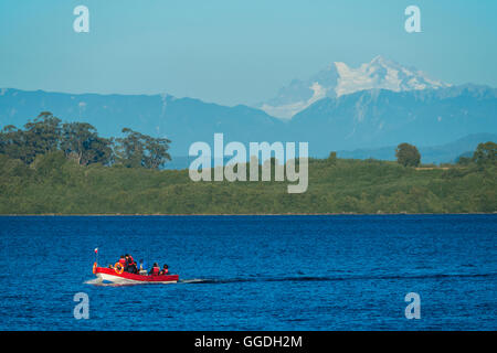 South America, Chile, Lake District, Patagonia, Puerto Varas, Lago Llanquihue, boat, lake Stock Photo