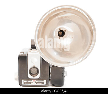 A black Kodak hawkeye camera flash model with its flash on a white background. Stock Photo