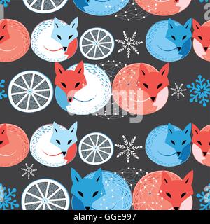 Graphic pattern of repeated fox on a dark background Stock Vector