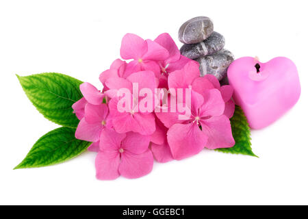 Spa stones zen with flowers and candle in a heart shape Stock Photo