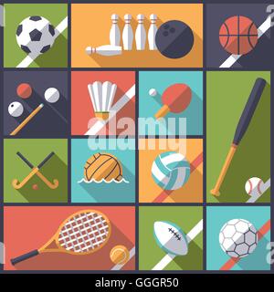 Flat design long shadow illustration with various ball games symbols Stock Vector
