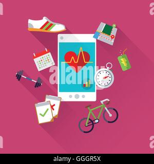 Mobile health tracking concept vector illustration with smart phone, sports equipment and application symbols Stock Vector