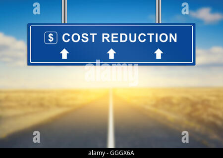 cost reduction words on blue road sign with blurred background Stock Photo
