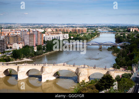 Aerial view of Ebro river and Stone Bridge in Zaragoza (Spain) from Basilica del Pilar Stock Photo