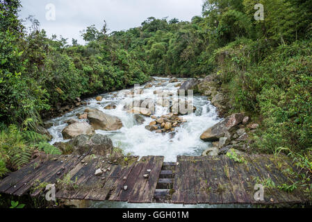 A broken wooden bridge across treacherous river. Ecuador, South America. Stock Photo
