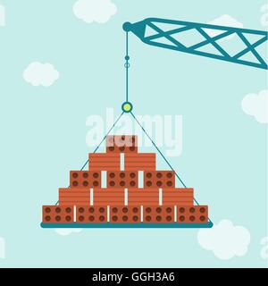 Crane carrying bricks. Blue sky in the background. Stock Vector