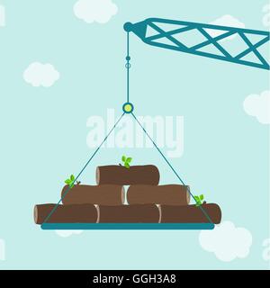 Crane carrying log of wood. Blue sky in the background. Stock Vector