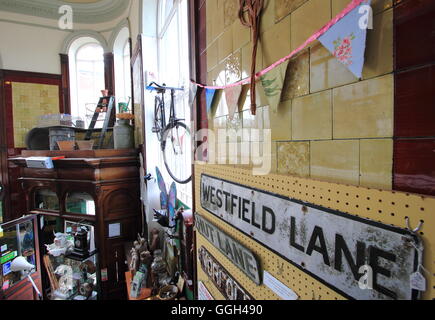 Goods on sale display inside Heeley Bank Antiques Centre in the Antiques Quarter, Sheffield, South Yorkshire UK Stock Photo