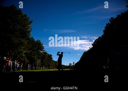 England's James Morrison tees off on hole 11 during day three of the Paul Lawrie Match Play at Archerfield Links, East Lothian. Stock Photo