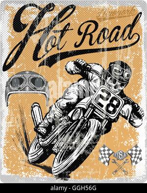 Legendary vintage racers t-shirt label design with racer and motorcycle hand drawn ilustration Stock Vector