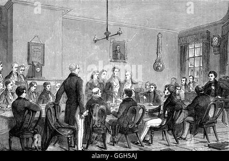 A meeting of the Anti-Corn Law League, a successful political movement in Great Britain aimed at the abolition of the unpopular Corn Laws, which protected landowners' interests by levying taxes on imported wheat, thus raising the price of bread at a time when factory-owners were trying to cut wages. Stock Photo