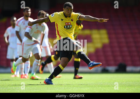 Watford's Troy Deeney scores their first goal from the penalty spot during the pre-season friendly match at Vicarage Road, Watford. Stock Photo