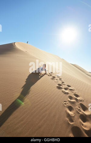 Boy crawling up a sand dune, Dune 7, Walvis Bay, Erongo, Namibia Stock Photo