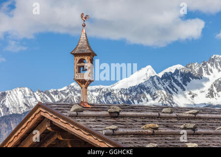 geography / travel, Italy, South Tyrol, belfry at Alpine hut on the Klausberg near stone house, Ahrntal (Ahrn Valley) , Additional-Rights-Clearance-Info-Not-Available Stock Photo