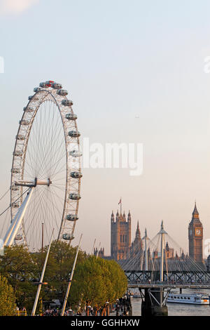 South Bank, London Eye, Thames and Westminster Palace aka Houses of Parliament, Westminster, London, England, United Kingdom Stock Photo